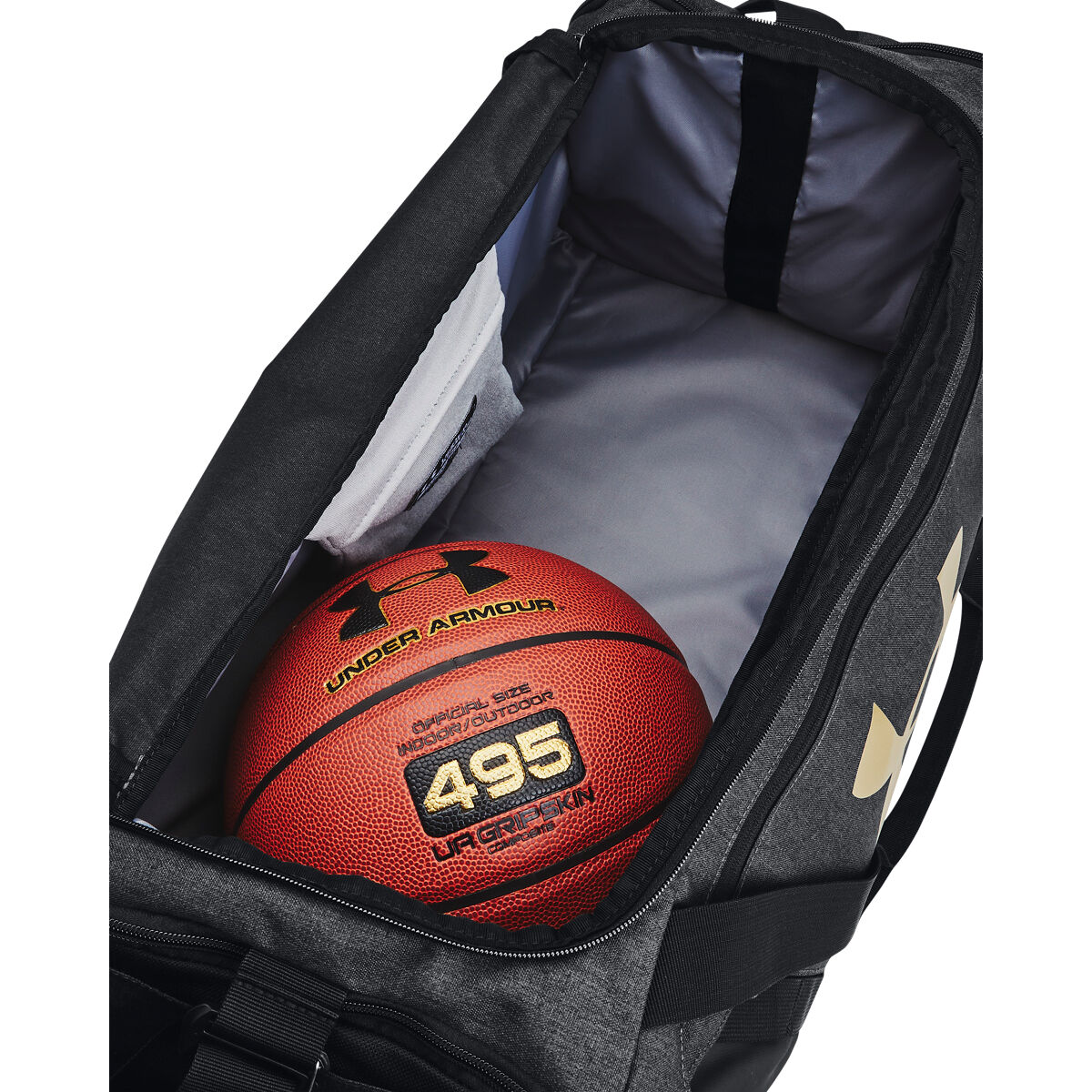 UA Undeniable 5.0 Duffle Medium, Black Heather/Black/Metallic Gold