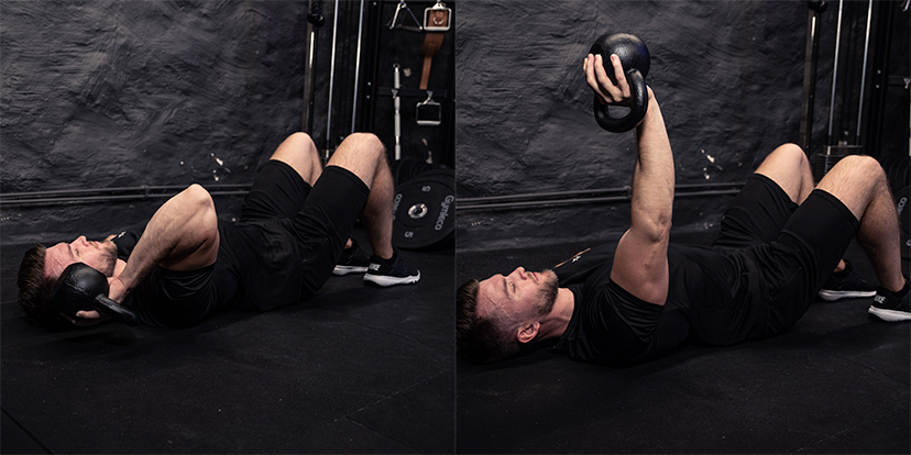 øvelse 8 enarms skull crusher med kettlebell