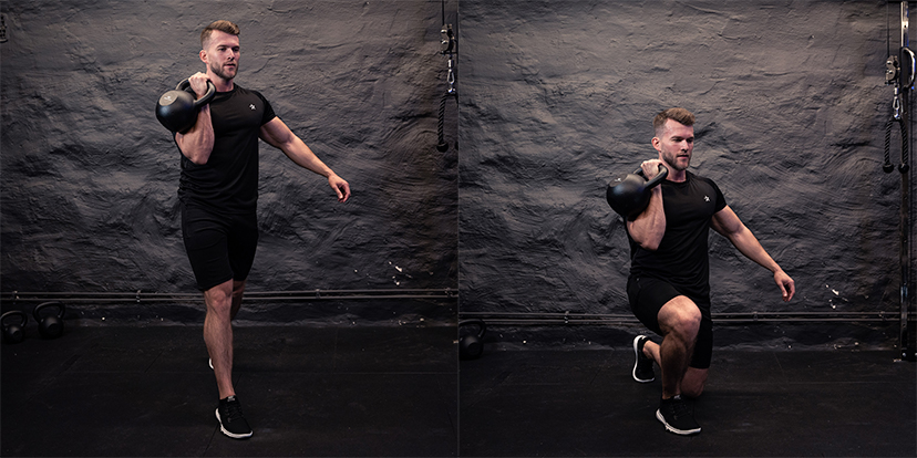 øvelse 2 utfallssteg med Kettlebell.