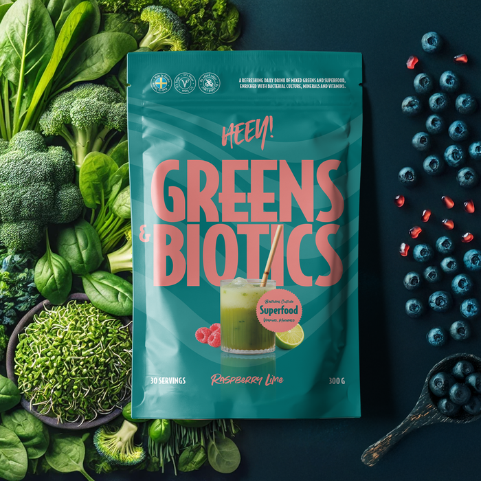 Heey Greens og Biotics Superfood Immune Booster Hallon Lime 300 g