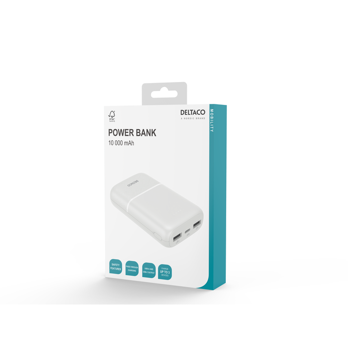 Powerbank 2x USB-A og 1x USB-C Hvit 10 000 mAh