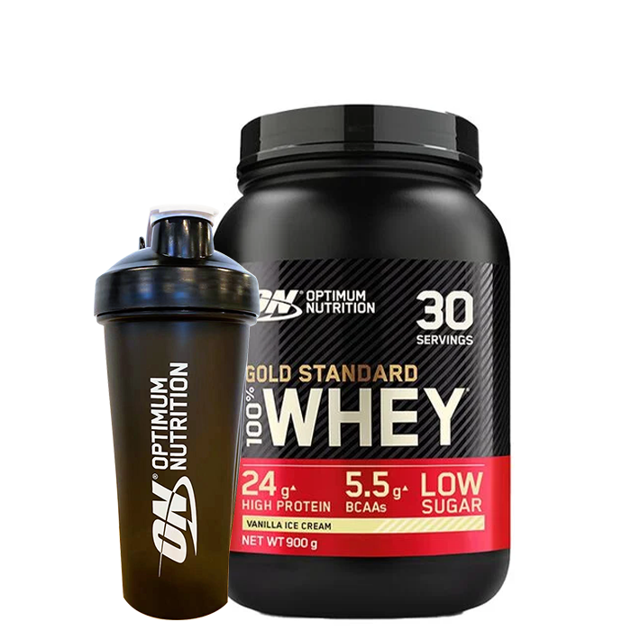 Optimum Nutrition 100% Whey Gold Standard Myseprotein 908 g + Optimum Shaker 900 ml, Black