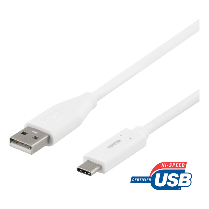 USB-A till USB-C Kabel, 1m 3A USB 2.0, Vit
